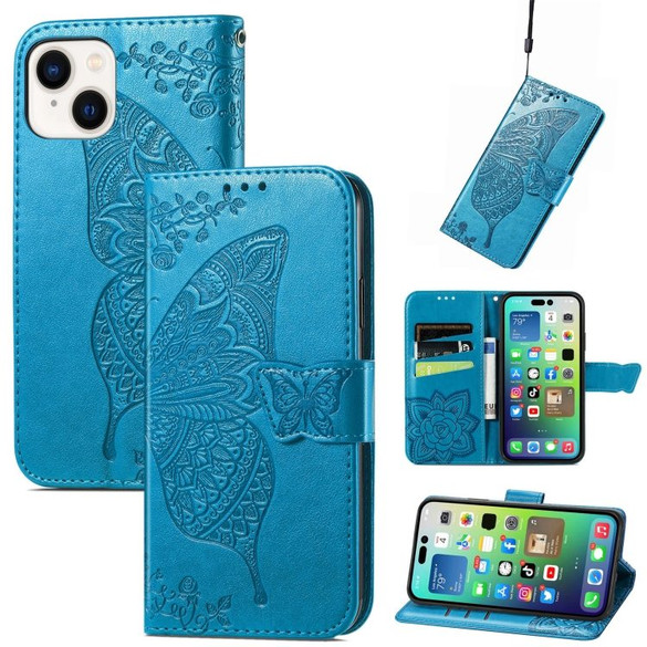 For iPhone 15 Case, Butterfly & Floral Embossed PU Leather Wallet Cover, Blue | iCoverLover Australia