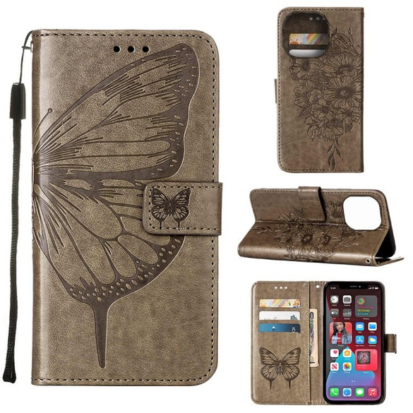 For iPhone 14 Pro Case, Embossed Floral Butterfly, PU Leather Wallet Cover, Lanyard, Stand, Grey | iCoverLover Australia