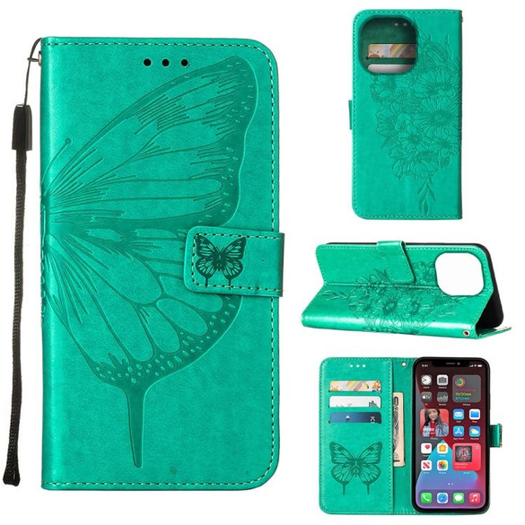 For iPhone 14 Pro Max Case, Embossed Floral Butterfly, PU Leather Wallet Cover, Lanyard, Stand, Green | iCoverLover Australia