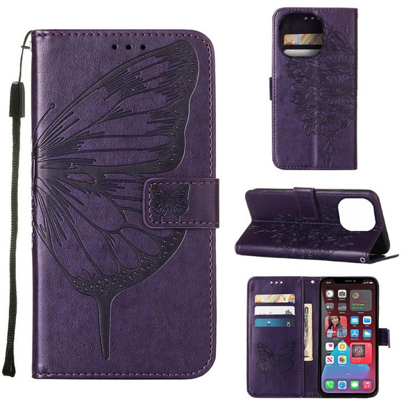 For iPhone 14 Pro Max Case, Embossed Floral Butterfly, PU Leather Wallet Cover, Lanyard, Stand, Dark Purple | iCoverLover Australia