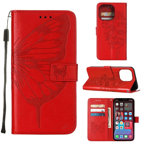 For iPhone 14 Pro Max Case, Embossed Floral Butterfly, PU Leather Wallet Cover, Lanyard, Stand, Red | iCoverLover Australia