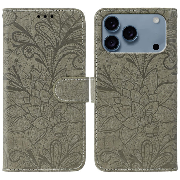 For iPhone 17 Pro Max Wallet Case - Elegant Lace Flower PU Leather Folio Cover, Grey | iCoverLover Australia
