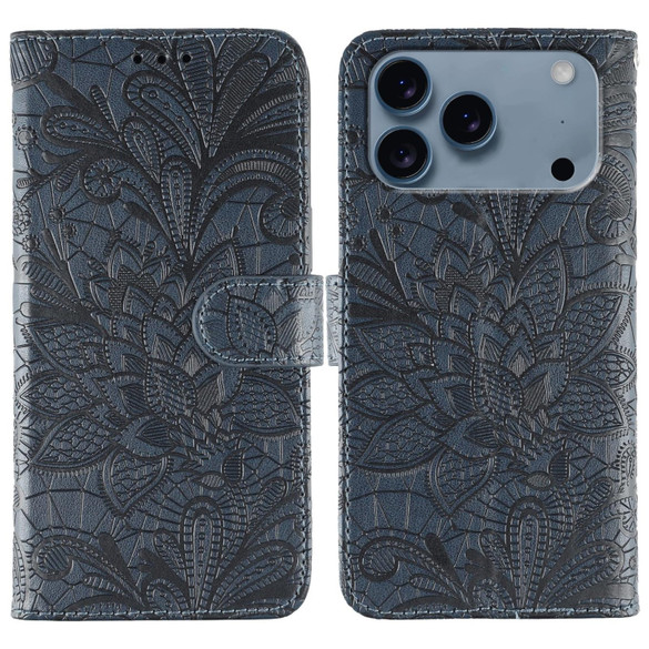 For iPhone 17 Pro Max Wallet Case - Elegant Lace Flower PU Leather Folio Cover, Dark Blue | iCoverLover Australia