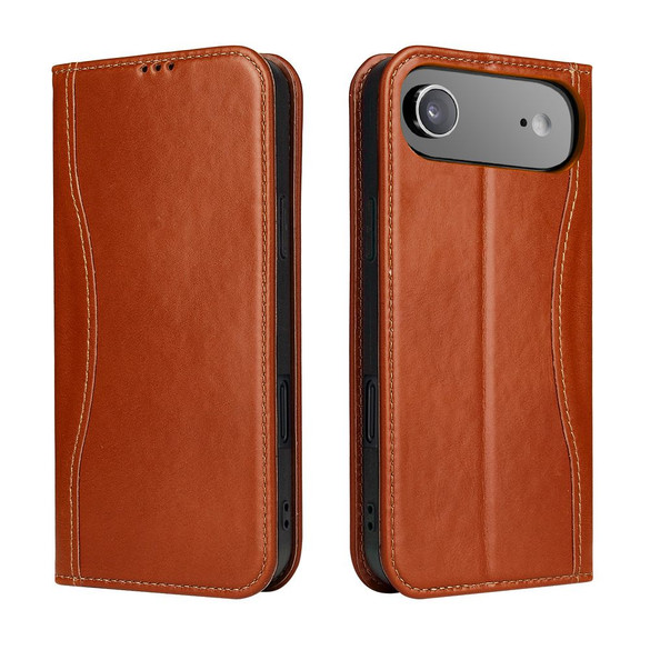 For iPhone Air Case, Fierre Shann Genuine Cowhide Leather Wallet Cover, Brown | iCoverLover Australia