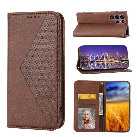 For Samsung Galaxy S23 Ultra Case, Cubic Grid PU Leather Wallet Cover, Brown | iCoverLover Australia