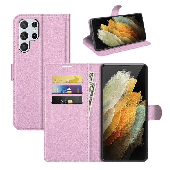 For Samsung Galaxy S22 Ultra 5G Lychee Texture Folio Protective Case, PU Leather Wallet Cover, Pink | iCoverLover Australia