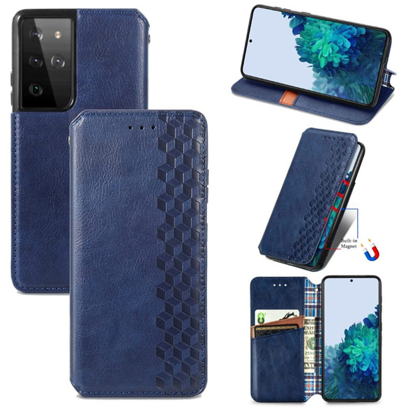 For Samsung Galaxy S21 Ultra Case, Cubic Grid Folio Magnetic PU Leather Cover Wallet, Kickstand, Blue | iCoverLover Australia