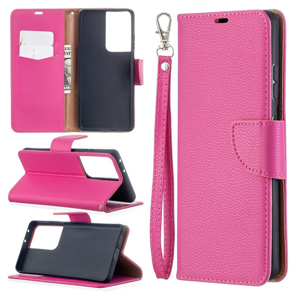 For Samsung Galaxy S21 Ultra Case Lychee Texture Folio PU Leather Cover, Wallet, Kickstand & Lanyard, Rose Red | iCoverLover Australia