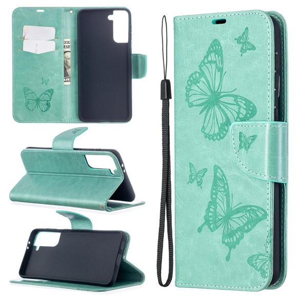 For Samsung Galaxy S21+ Plus Case Butterflies Emboss Folio PU Leather Cover, Wallet, Kickstand & Lanyard, Green | iCoverLover Australia