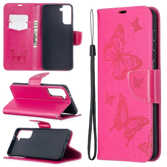 For Samsung Galaxy S21+ Plus Case Butterflies Emboss Folio PU Leather Cover, Wallet, Kickstand & Lanyard, Rose Red | iCoverLover Australia