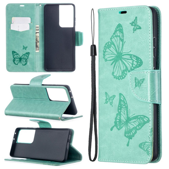 For Samsung Galaxy S21 Case Ultra Case Butterflies Emboss Folio PU Leather Cover, Wallet, Kickstand & Lanyard, Green | iCoverLover Australia