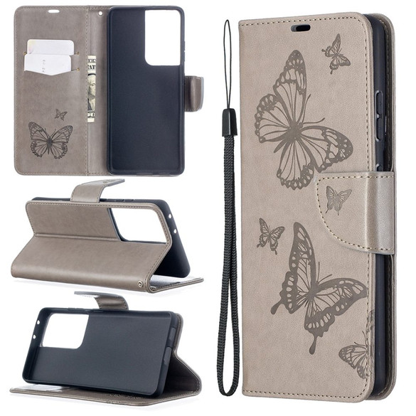 For Samsung Galaxy S21 Case Ultra Case Butterflies Emboss Folio PU Leather Cover, Wallet, Kickstand & Lanyard, Grey | iCoverLover Australia