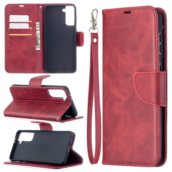 For Samsung Galaxy S21+ Plus Case Lambskin Texture Folio PU Leather Cover, Wallet, Kickstand & Lanyard, Red | iCoverLover Australia