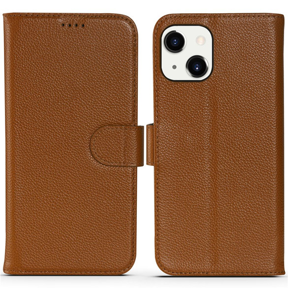 For iPhone 14 Plus Case Fashion Cowhide Genuine Leather Wallet Cover Brown | iCoverLover Australia