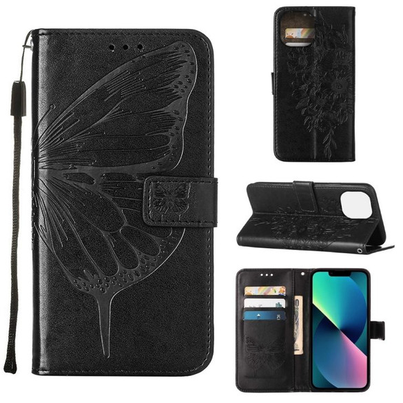 For iPhone 14 Plus Case, Embossed Floral Butterfly, PU Leather Wallet Cover, Lanyard, Stand, Black | iCoverLover Australia