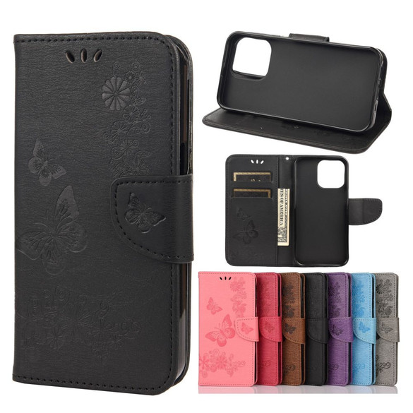For iPhone 13 Pro Case, Vintage Butterflies Pattern PU Leather Wallet Cover, Stand, Black | iCoverLover Australia