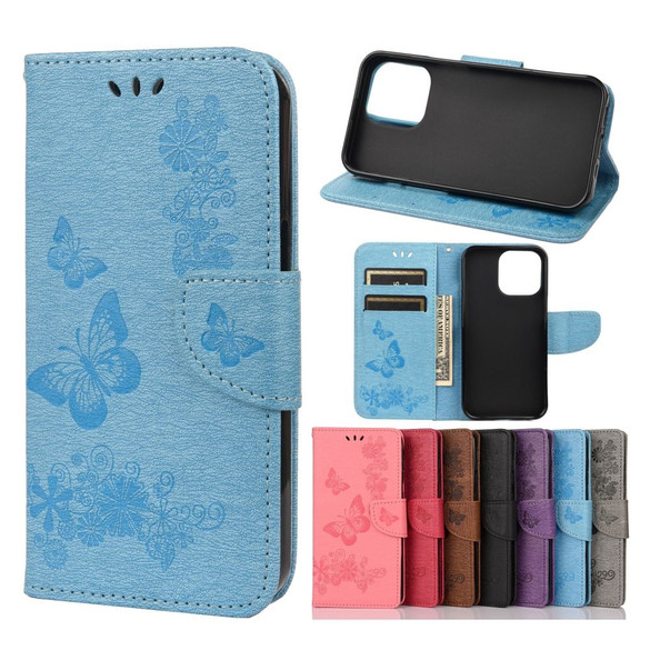For iPhone 13 Pro Case, Vintage Butterflies Pattern PU Leather Wallet Cover, Stand, Blue | iCoverLover Australia