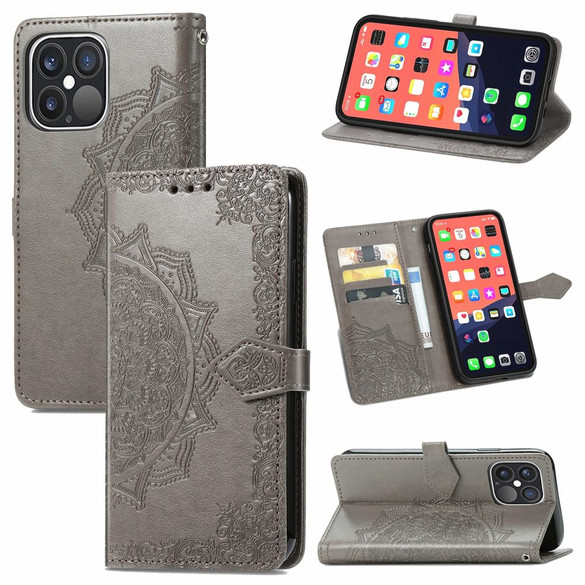 For iPhone 13 Pro Case, Mandala Emboss PU Leather Wallet Cover, Stand, Lanyard, Grey | iCoverLover Australia