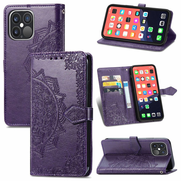 For iPhone 13 Pro Case, Mandala Emboss PU Leather Wallet Cover, Stand, Lanyard, Purple | iCoverLover Australia