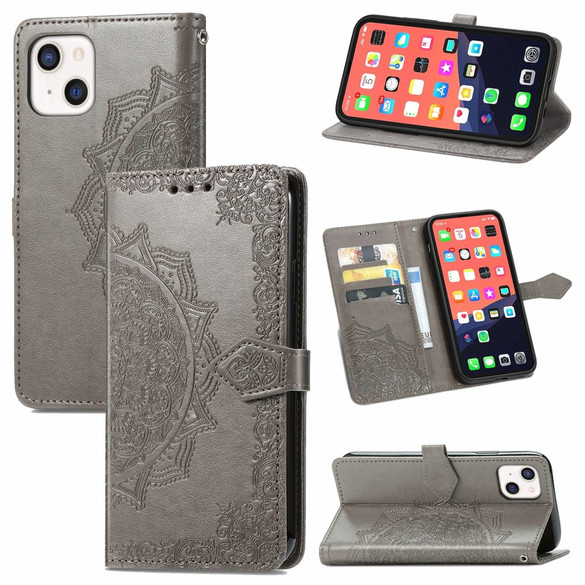 For iPhone 13 Case, Mandala Emboss PU Leather Wallet Cover, Stand, Lanyard, Grey | iCoverLover Australia
