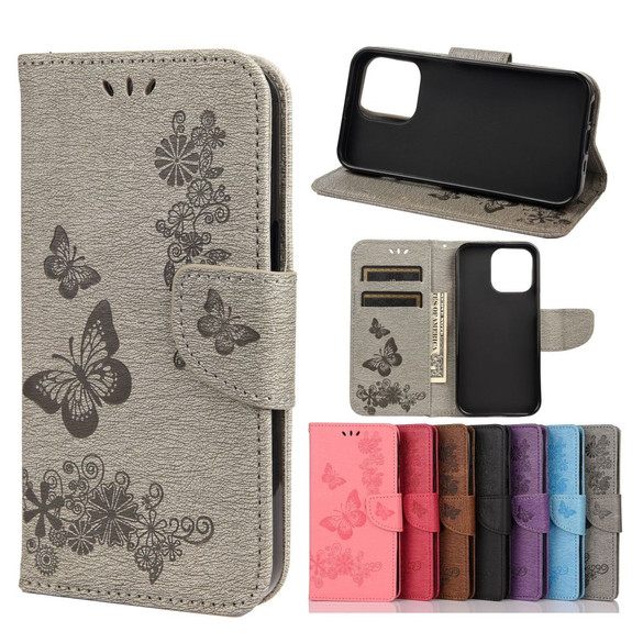 For iPhone 13 mini Case, Vintage Butterflies Pattern PU Leather Wallet Cover, Stand, Grey | iCoverLover Australia