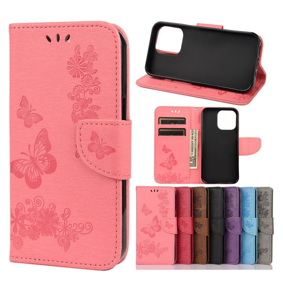 For iPhone 13 Pro Max Case, Vintage Butterflies Pattern PU Leather Wallet Cover, Stand, Pink | iCoverLover Australia