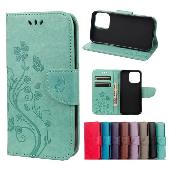 For iPhone 13 Case, Playful Butterflies PU Leather Wallet Cover, Stand, Green | iCoverLover Australia