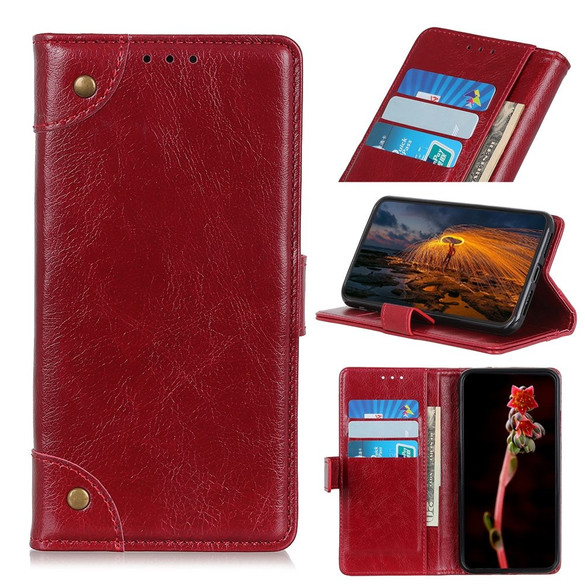 For iPhone 13 Pro Case, Retro PU Leather Wallet Cover, Copper Accents, Wine Red | iCoverLover Australia
