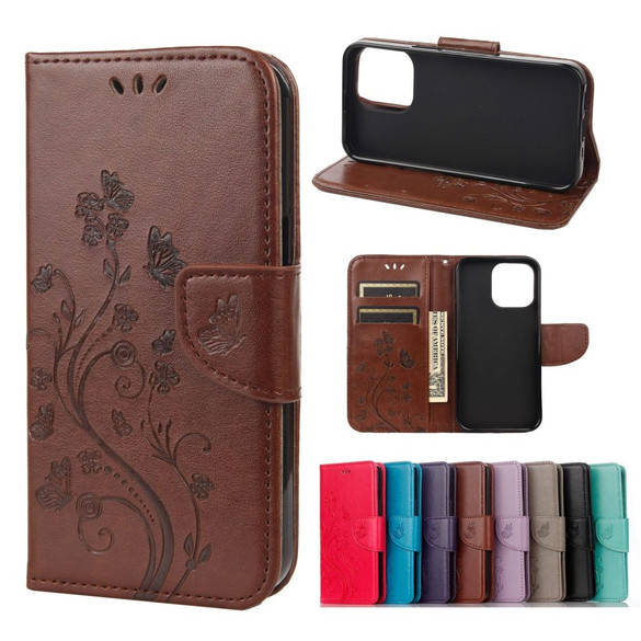 For iPhone 13 Pro Max Case, Playful Butterflies PU Leather Wallet Cover, Stand, Brown | iCoverLover Australia