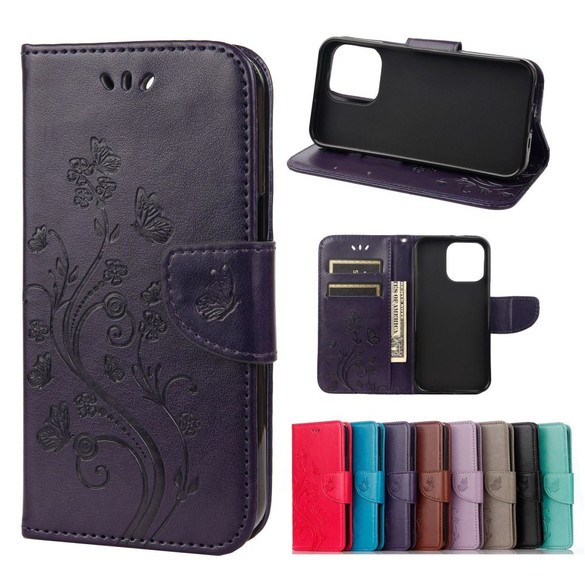 For iPhone 13 Pro Max Case, Playful Butterflies PU Leather Wallet Cover, Stand, Deep Purple | iCoverLover Australia