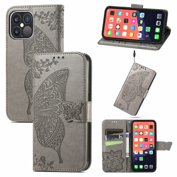 For iPhone 13 Pro Max Case, Butterfly PU Leather Wallet Cover, Lanyard & Stand, Grey | iCoverLover Australia
