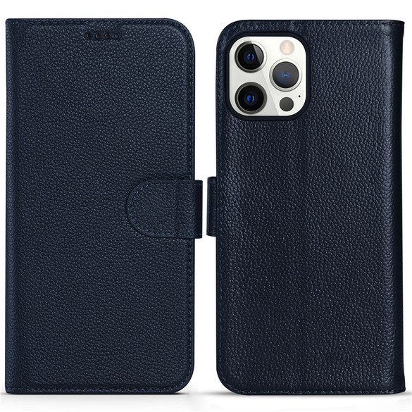 For iPhone 13 Pro Max Case Fashion Cowhide Genuine Leather Wallet Cover Blue | iCoverLover Australia