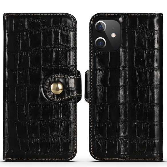 For iPhone 12 mini (5.4in) Case, Genuine Leather Crocodile Pattern Wallet Flip Cover, Black | iCoverLover Australia