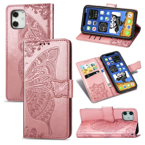 For iPhone 12/12 Pro 6.1in Butterfly Love Flower Folio PU Leather Case, Card Slot, Wallet, Lanyard, Rose Gold | iCoverLover Australia