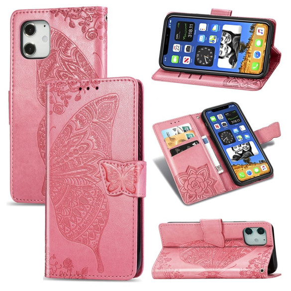 For iPhone 12 Pro Max Case Butterfly Love Flower Folio PU Leather Case, Card Slot, Wallet, Lanyard, Pink | iCoverLover Australia
