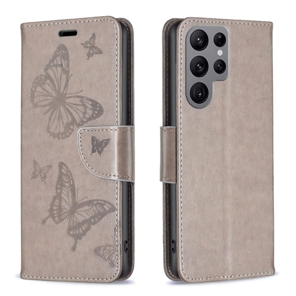 For Samsung Galaxy S24 Ultra Case - Embossed Butterflies, Folio Wallet PU Leather Cover, Stand, Grey | iCoverLover Australia