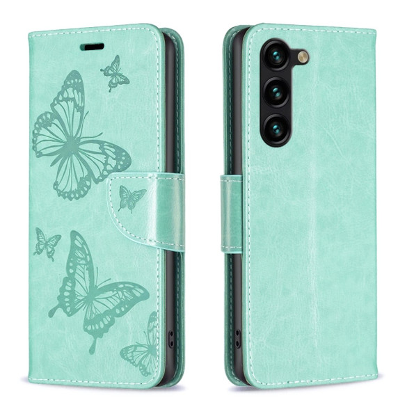 For Samsung Galaxy S24+ Plus Case - Embossed Butterflies, Folio Wallet PU Leather Cover, Stand, Green | iCoverLover Australia