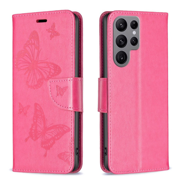 For Samsung Galaxy S24 Ultra Case - Embossed Butterflies, Folio Wallet PU Leather Cover, Stand, Rose Red | iCoverLover Australia