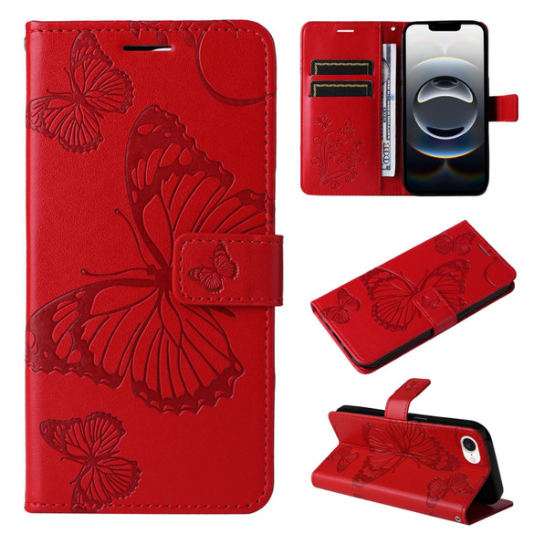 For iPhone 17e Folio PU Leather Case – Butterfly Embossed for Stylish Protection & Card Storage, Red | iCoverLover.com.au