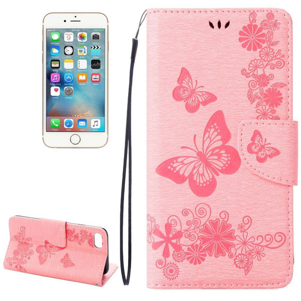 Pink Butterflies Emboss Leather Wallet iPhone SE 5G (2022), SE (2020) / 8 / 7 Case | iCoverLover