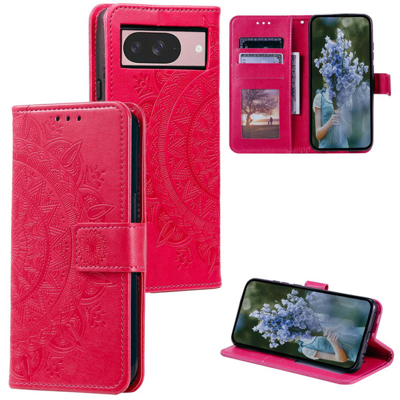 For Google Pixel 11 Artisan Wallet Case, Embossed Floral PU Leather with Secure Lanyard & Stand, Red | iCoverLover.com.au