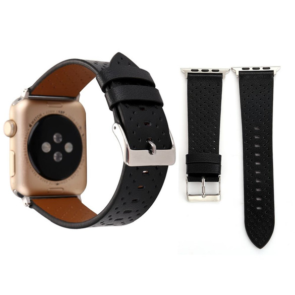 For Apple Watch Series 12, 46-mm Case Perforated Genuine Leather Watch Band, Black | iCoverLover.com.au