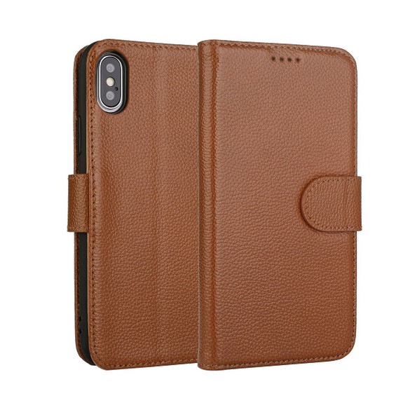 iPhone XS MAX Case Brown Fashion Cowhide Genuine Leather Wallet Cover with 2 Card Slots, 1 Cash Slot & Shockproof | Genuine Leather iPhone XS MAX Covers Cases | Genuine Leather iPhone XS MAX Covers
