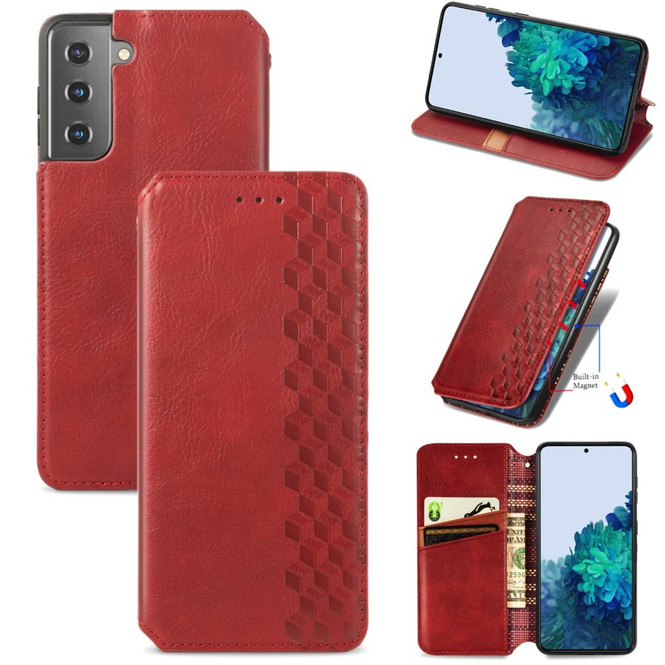 For Samsung Galaxy S21 Ultra/S21+ Plus/S21 Case, Cubic Grid Folio Magnet PU Leather Wallet Cover, Kickstand, Red | iCoverLover.com.au | Phone Cases