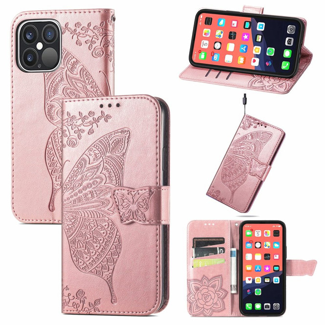 For iPhone 13 Pro Max, 13, 13 Pro, 13 mini Case, Butterfly Wallet Cover, Lanyard & Stand, Rose Gold | PU Leather Cases | iCoverLover.com.au
