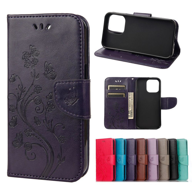 For iPhone 13 Pro Max, 13, 13 Pro, 13 mini Case, Playful Butterflies PU Leather Wallet Cover, Stand, Deep Purple | PU Leather Cases | iCoverLover.com.au