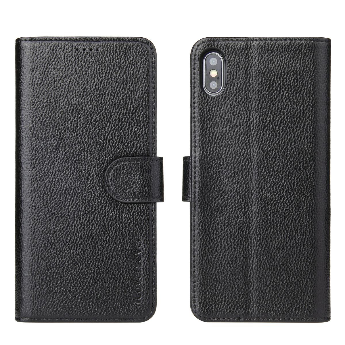 iPhone XS X Case Black Real Top-grain Cow Leather Wallet Folio