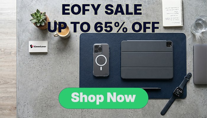 An image of a flat organised desk with EOFY promo text on it