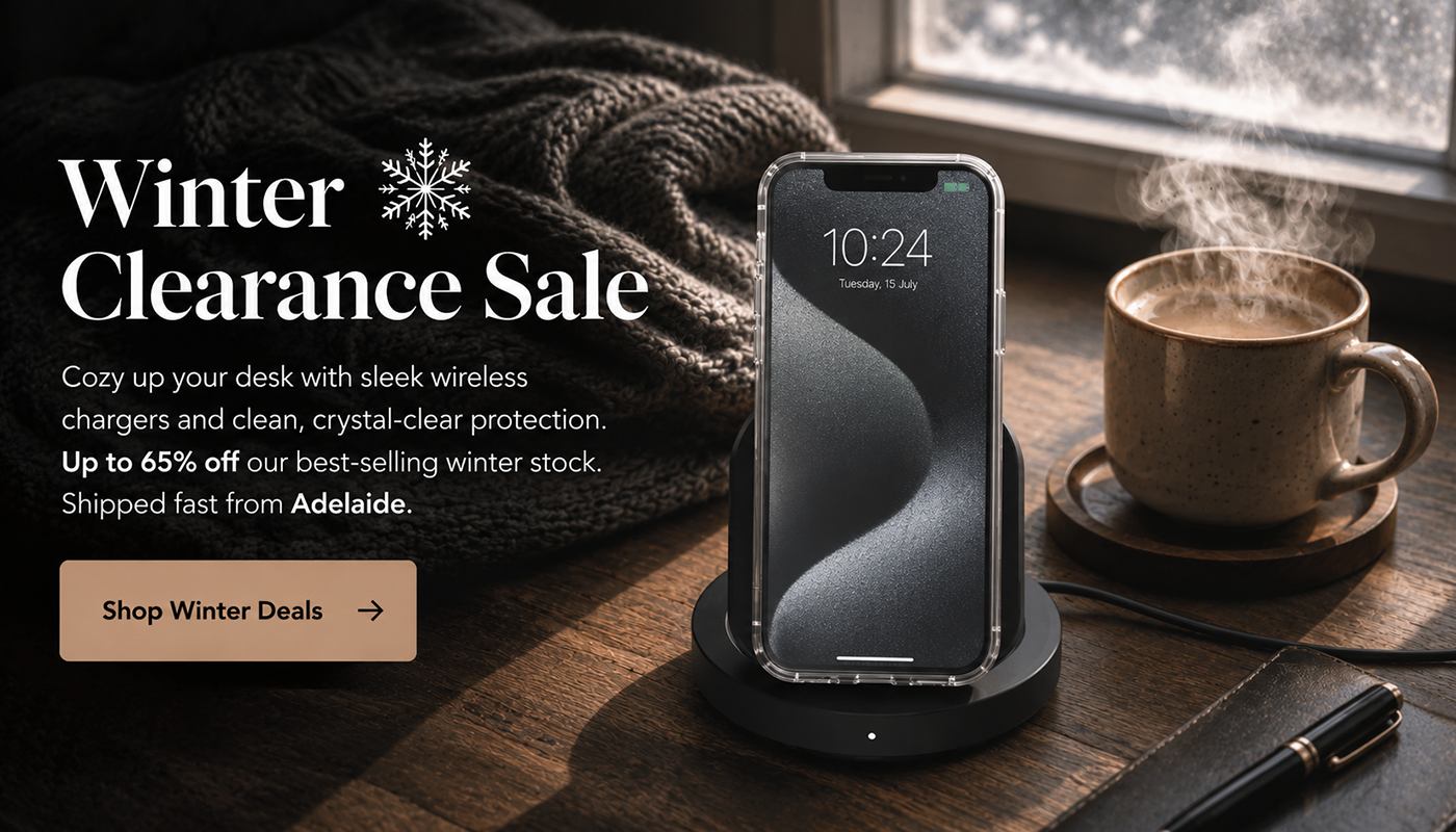 An image of a flat organised desk with winter clearance promo text on it