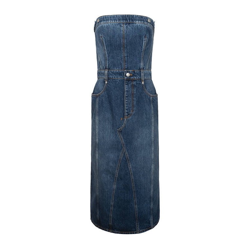 Alexander McQueen Belted Strapless Denim Midi-Dress | Alan Bilzerian Alexander McQueen Belted Strapless Denim Midi-Dress | Alan Bilzerian